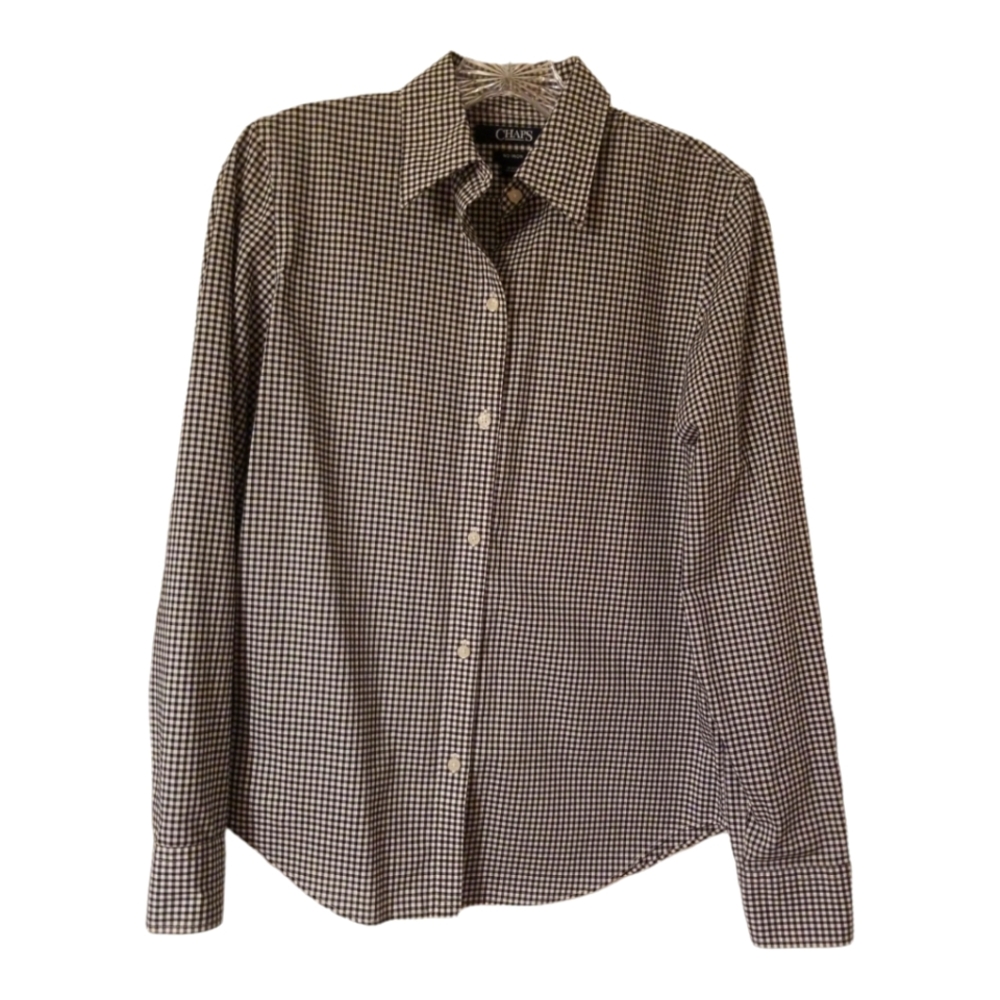 Chaps Classic Women's No Iron Cotton L/S Shirt; Black & White Gingham; Size S